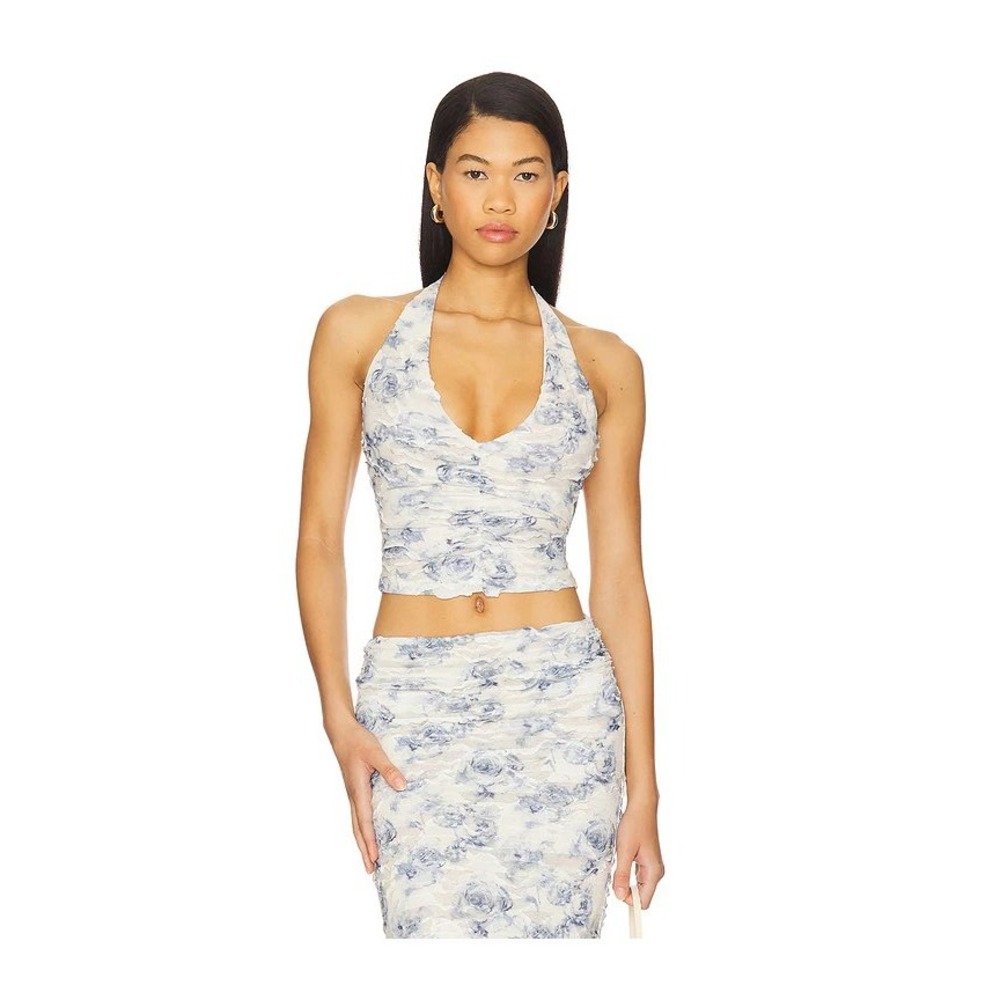 NWT Bec + Bridge Riva‎ Halter Top Porcelain Rose Blue Floral Jacquard Size 6